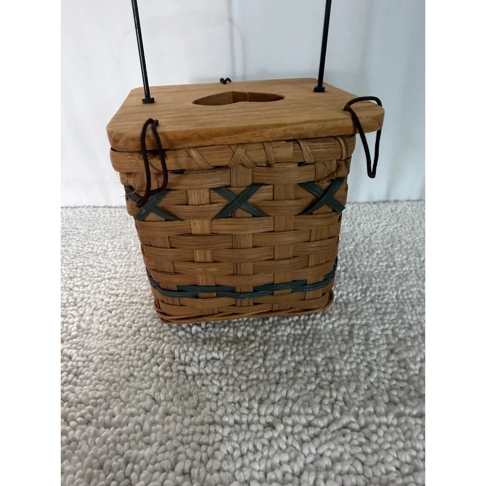 Vintage Rustic Woven Square Kleenex Basket with Wood Heart Lid and Metal Handle